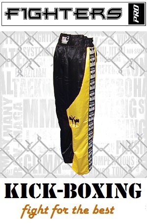 FIGHTERS - Pantalon de Kick-boxing / Satiné / Noir-Jaune / Small